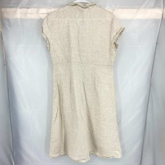 Talbots Women 16P A Line Dress Irish Linen Beige Button Front Short Cap Sleeve - Picture 3 of 7